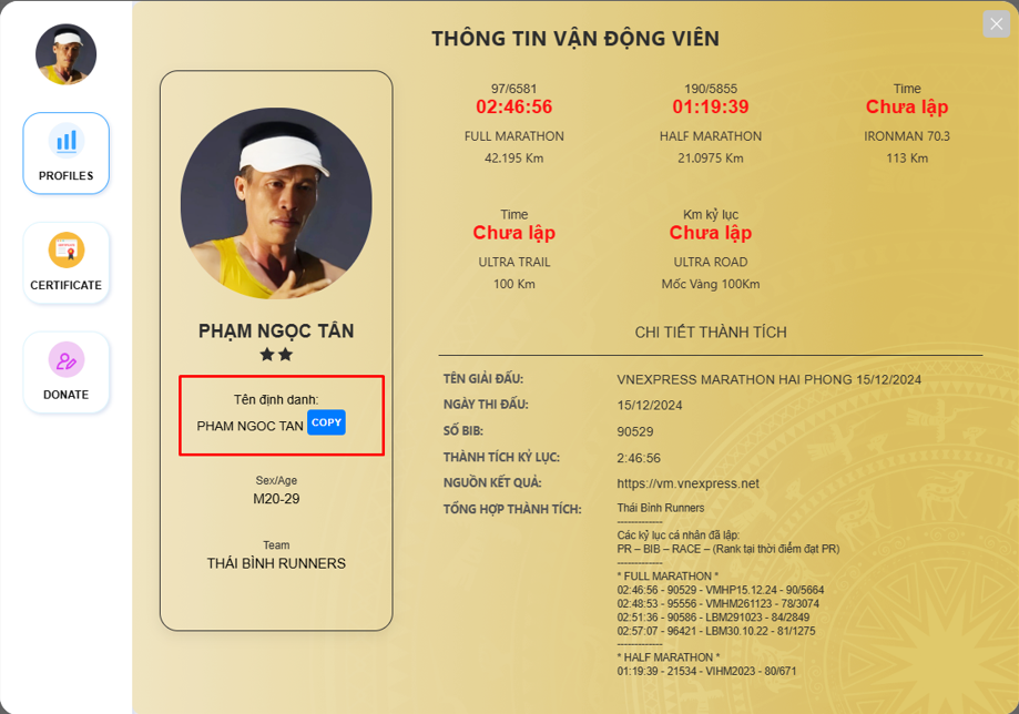 Popup thông tin vận động viên