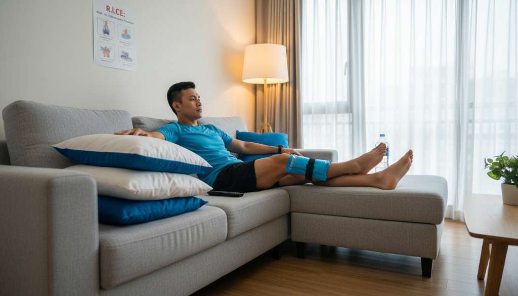Ảnh minh họa phác đồ R.I.C.E chuyên nghiệp. Một runner đang thư giãn trên sofa, chân kê cao trên gối, vùng xương chày đang được chườm bằng túi đá chuyên dụng, ánh sáng dịu nhẹ tạo cảm giác phục hồi.
