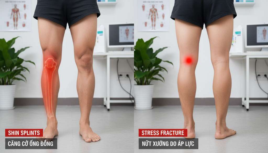 Hình ảnh đồ họa y tế chuyên sâu so sánh hai vùng cẳng chân. Một bên hiển thị vùng đỏ lan tỏa dọc xương (Shin Splints), một bên hiển thị một điểm đỏ rực nhỏ (Stress Fracture). Hình ảnh mang tính học thuật và rõ ràng.