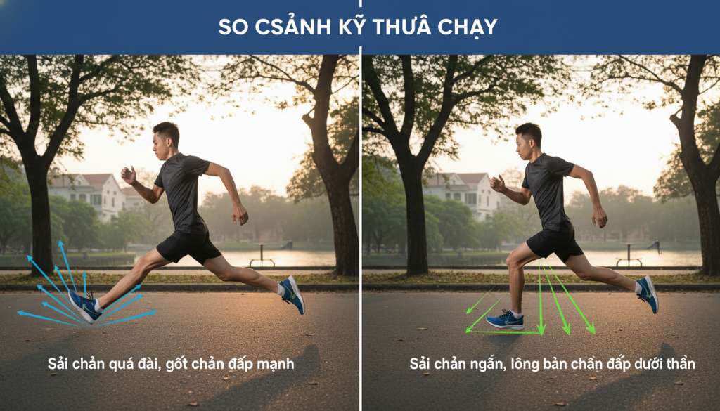 Ảnh minh họa so sánh kỹ thuật chạy. Một bên là sải chân quá dài với gót chân đáp mạnh, một bên là sải chân ngắn với lòng bàn chân đáp ngay dưới cơ thể. Có các đường line đồ họa chỉ hướng lực tác động.
