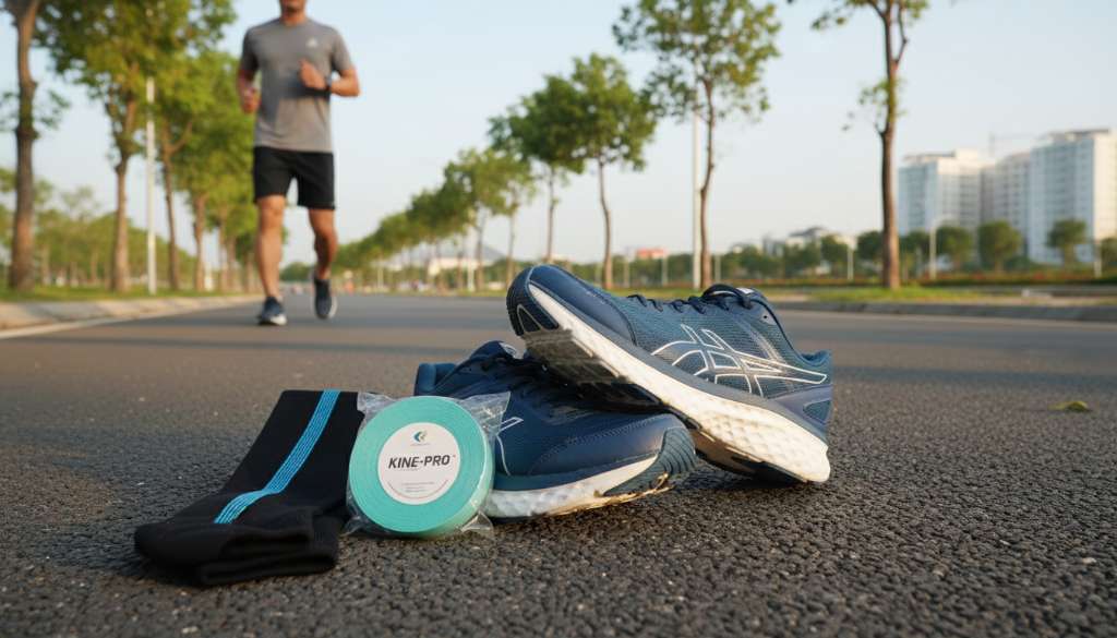 Ảnh chụp cận cảnh một đôi giày chạy bộ đệm êm (Max Cushion) đặt cạnh một đôi tất bó bắp chân và cuộn băng dán Kinesiology. Bối cảnh là mặt đường chạy nhựa đen phẳng phiu.