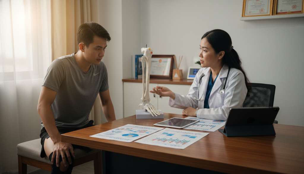 Một runner đang ngồi trao đổi cùng bác sĩ thể thao, trên bàn có mô hình giải phẫu xương chân và các biểu đồ phục hồi. Không khí chuyên nghiệp và tin cậy.