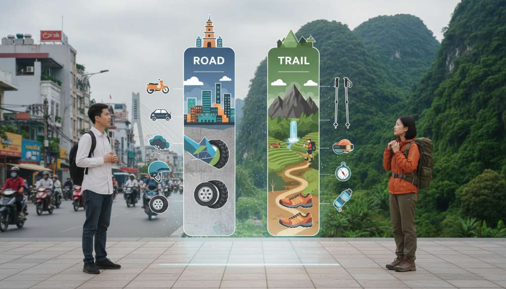 Một biểu đồ Infographic sáng tạo với hai cột so sánh. Cột Road thấp hơn với biểu tượng đô thị, cột Trail cao hơn với biểu tượng núi rừng và nhiều phụ kiện đi kèm như gậy, đèn đầu.