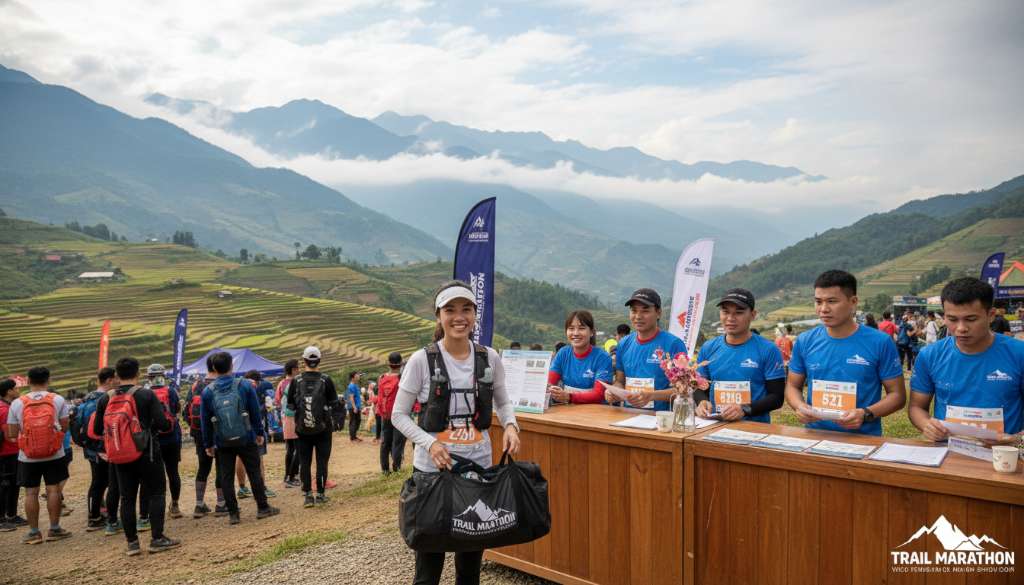 Ảnh một runner đang nhận bộ Race Kit tại quầy đăng ký giữa không gian núi rừng Sapa, hậu cảnh là những dãy núi trùng điệp và không khí náo nhiệt của ngày hội chạy bộ.