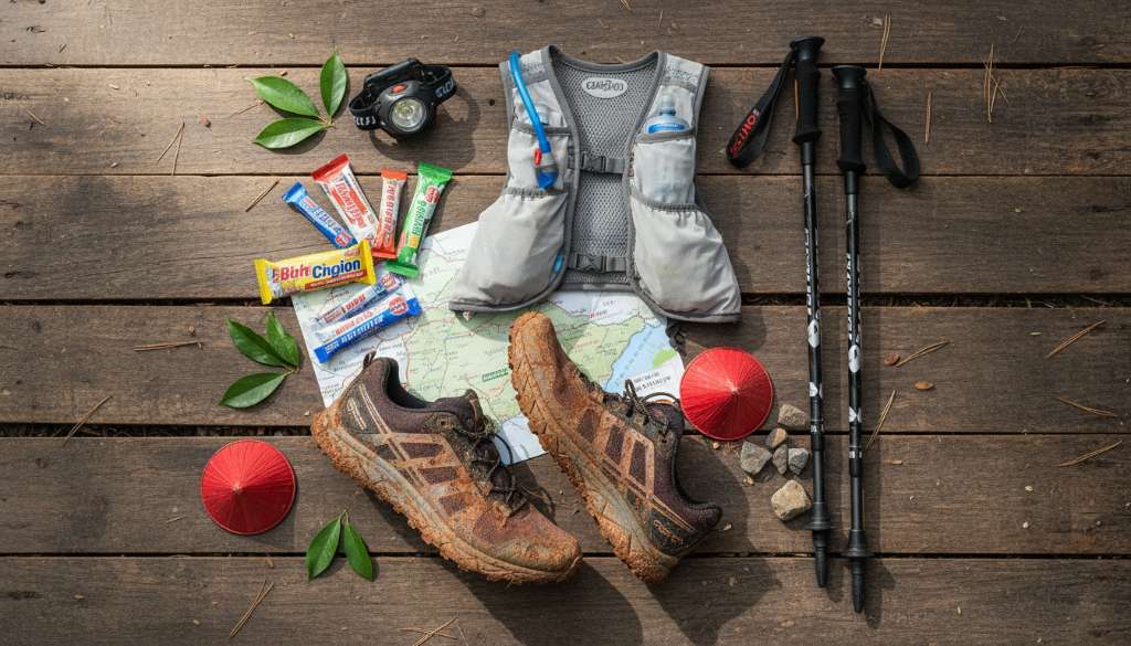 Ảnh chụp kiểu Flat lay chuyên nghiệp các món đồ chạy trail: đôi giày lấm lem bùn đất, gậy carbon, vest nước có bình mềm, đèn đầu và một số thanh năng lượng xếp ngay ngắn trên nền gỗ.