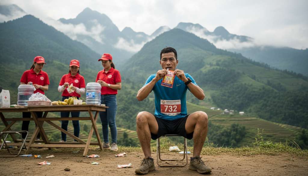 Một runner đang ngồi nghỉ tại trạm tiếp tế (Checkpoint), tay cầm gói gel năng lượng, xung quanh là cảnh quan núi rừng hùng vĩ và các tình nguyện viên đang hỗ trợ nhiệt tình.