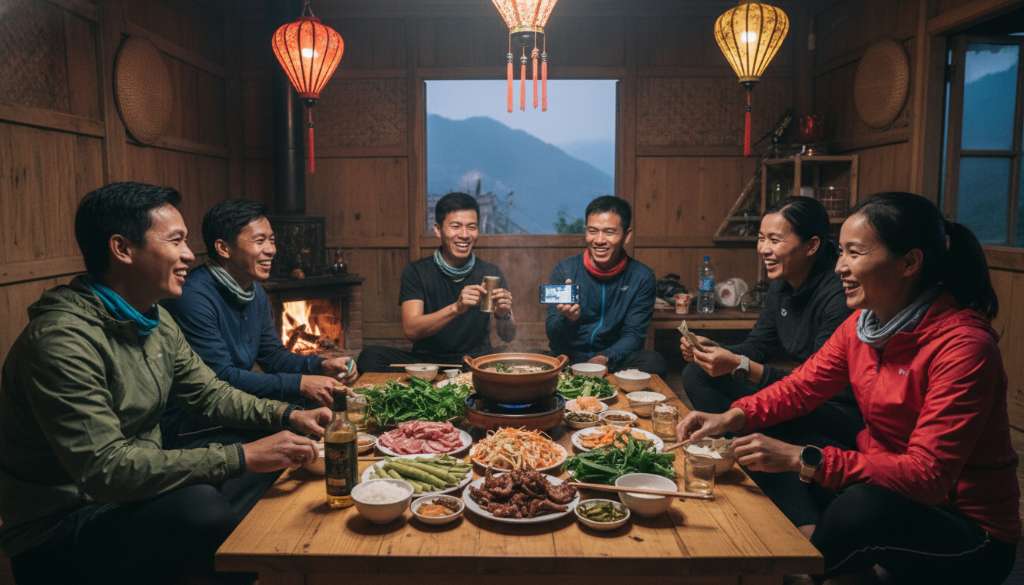 Một nhóm runner đang cùng nhau ăn tối vui vẻ tại một homestay bản địa, trên bàn là những món đặc sản vùng cao, thể hiện tinh thần đồng đội và sự sẻ chia chi phí.