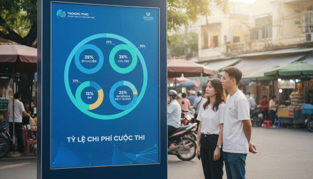 Một Infographic thiết kế hiện đại, sử dụng tông màu xanh năng động, minh họa các biểu đồ hình tròn về tỷ lệ chi phí: 35% di chuyển, 25% lưu trú, 15% Bib, 25% ăn uống và dịch vụ khác.