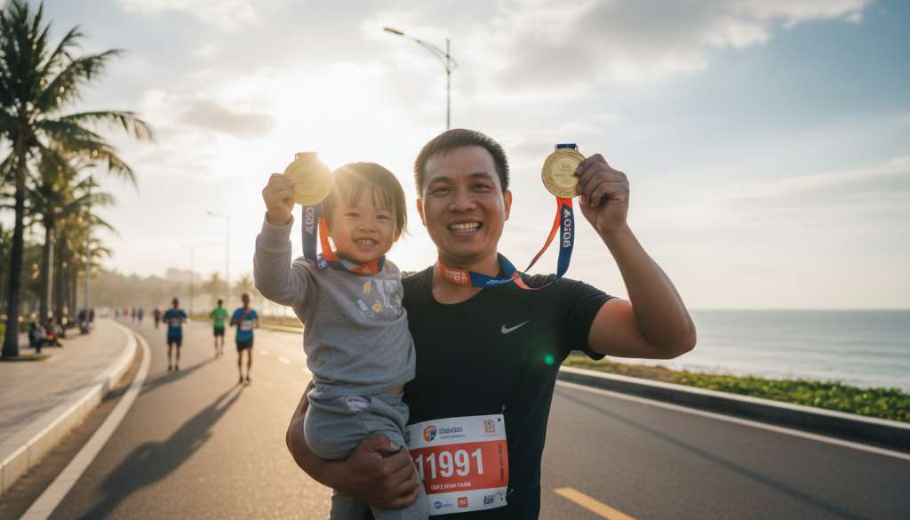 Ảnh chụp khoảnh khắc một người cha đang bế con nhỏ trên tay, cả hai cùng giơ cao huy chương finisher dưới ánh nắng ban mai rực rỡ, nụ cười hạnh phúc rạng ngời trên nền cung đường chạy ven biển.