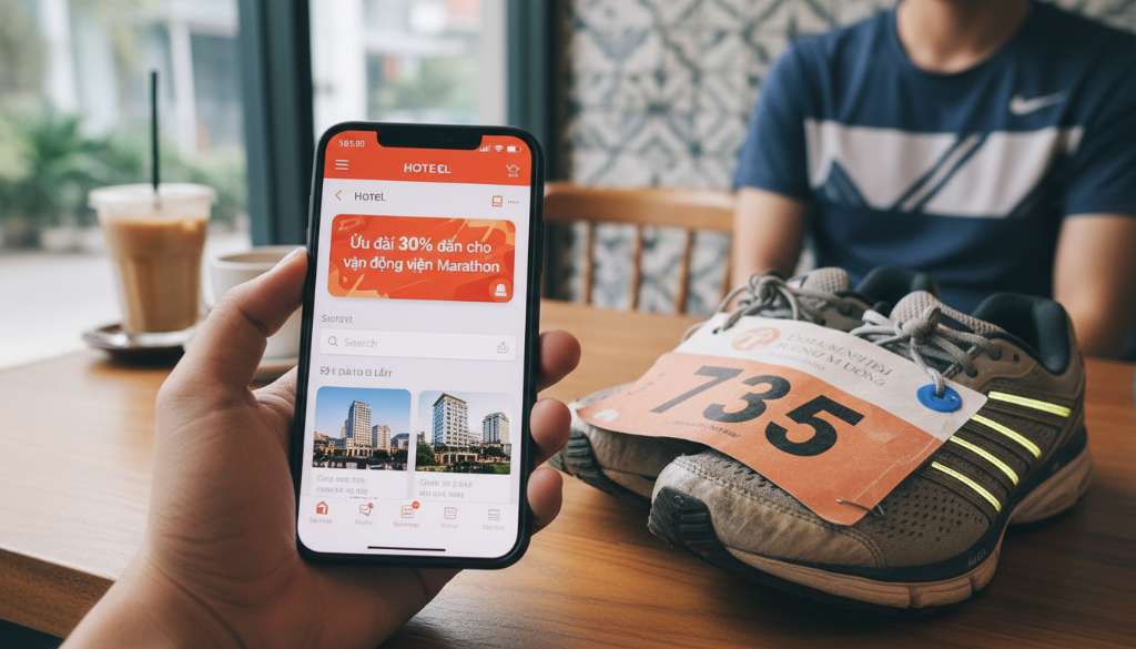 Ảnh chụp cận cảnh một chiếc điện thoại thông minh đang hiển thị ứng dụng đặt phòng khách sạn với thông báo 