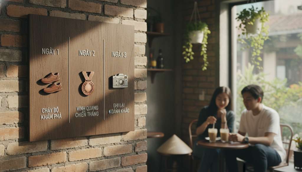 Một sơ đồ Timeline được thiết kế tối giản, chia làm 3 cột tương ứng với 3 ngày, mỗi cột có các biểu tượng nhỏ minh họa: đôi giày (Ngày 1), huy chương (Ngày 2), và máy ảnh (Ngày 3).