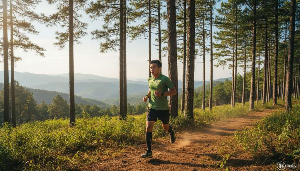 Một vận động viên đang chạy trên cung đường mòn giữa rừng thông, trên tay đeo đồng hồ GPS hiện đại, bối cảnh thiên nhiên hùng vĩ và trong lành, thể hiện xu hướng chạy bộ bền vững.