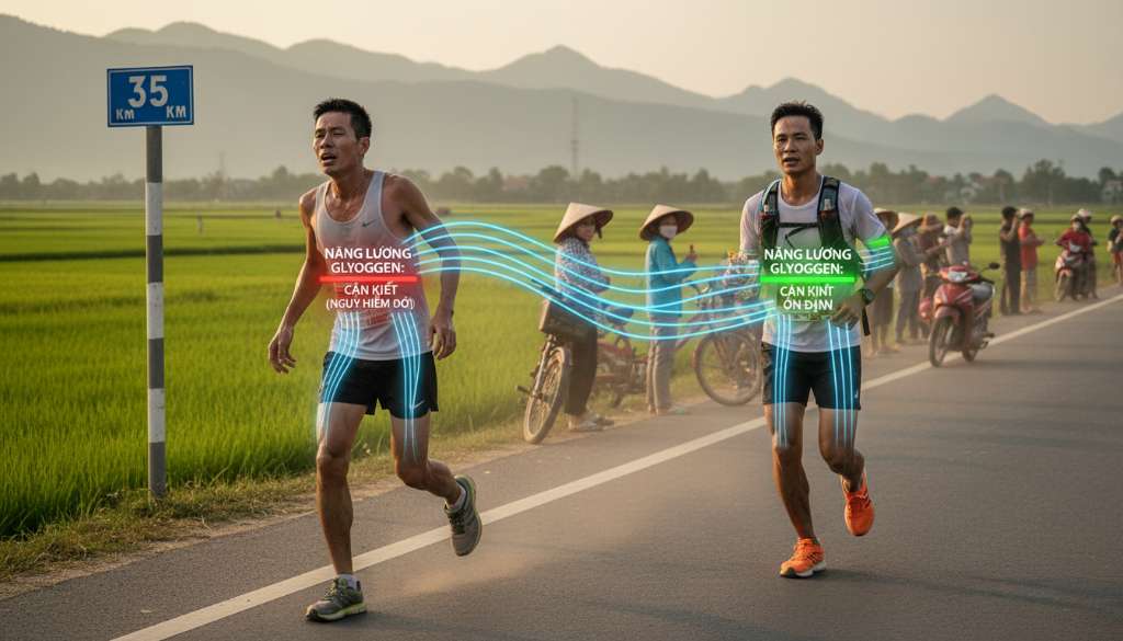 Một runner đang có dấu hiệu kiệt sức ở km thứ 35, minh họa bằng hiệu ứng đồ họa dòng năng lượng Glycogen trong cơ thể đang cạn dần về mức báo động đỏ, đối lập với hình ảnh một runner khác có sự chuẩn bị dinh dưỡng tốt đang vượt qua đầy tự tin.