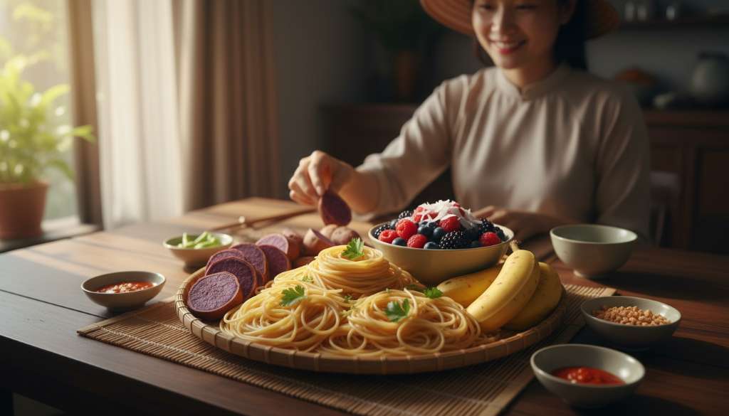 Một mâm thực phẩm giàu Carbs sạch được trình bày đẹp mắt bao gồm mì Ý, khoai lang tím, chuối chín và các loại quả mọng. Ánh sáng ấm áp, tạo cảm giác ngon miệng và giàu năng lượng.