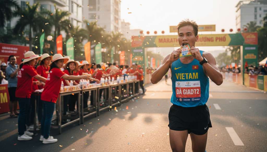 Cận cảnh một vận động viên đang xé một gói gel năng lượng khi đang chạy ở tốc độ cao, phía sau là trạm tiếp nước với các tình nguyện viên đang đưa nước điện giải, bối cảnh đường chạy marathon rực rỡ sắc màu.