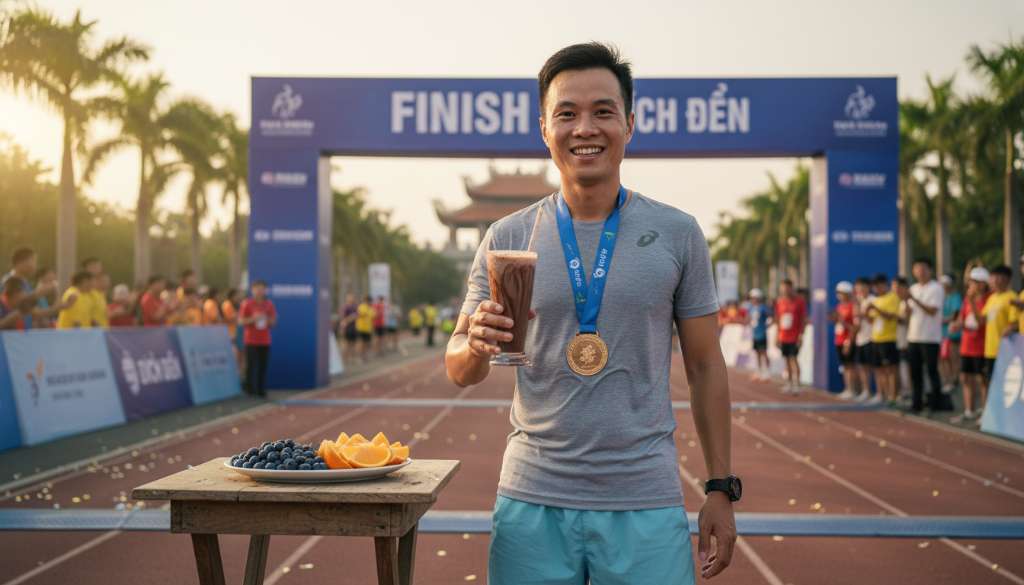 Runner sau vạch đích với tấm huy chương trên cổ, đang mỉm cười và thưởng thức một ly protein recovery màu socola, bên cạnh là một đĩa trái cây tươi gồm việt quất và cam.