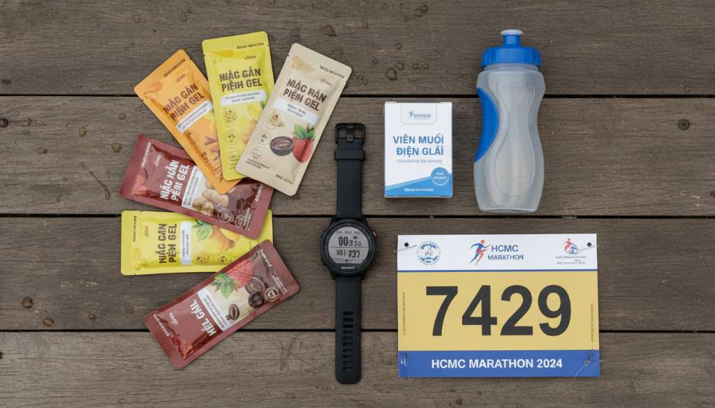 Ảnh sắp xếp phẳng (flat-lay) các vật dụng dinh dưỡng: 6 gói gel năng lượng các vị, 1 hộp viên muối, bình nước cầm tay, đồng hồ Garmin và số BIB giải chạy trên nền gỗ mộc mạc.