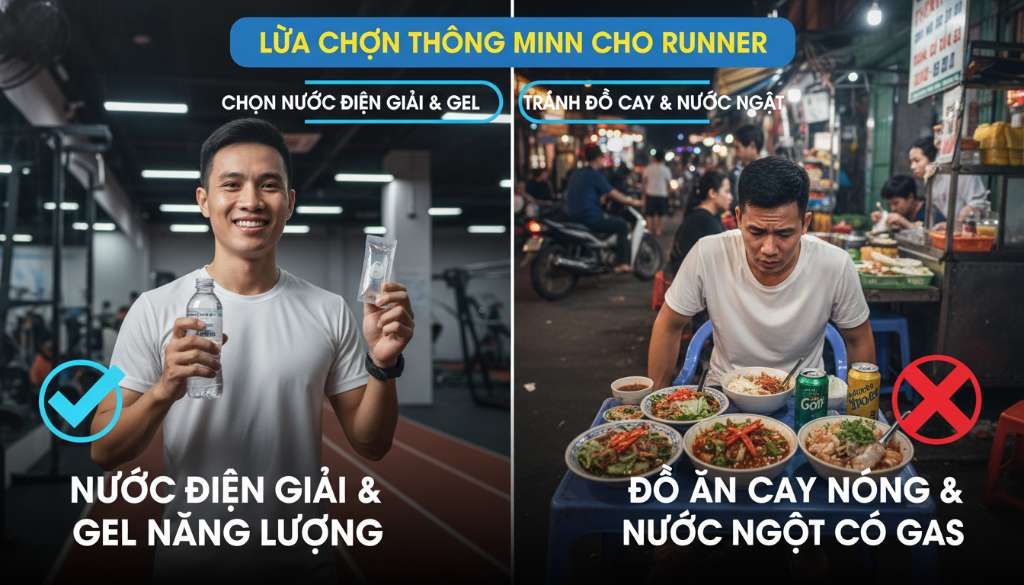 Đồ họa so sánh thông minh: Một bên là dấu tích xanh với nước điện giải và gel quen thuộc, một bên là dấu X đỏ với các món ăn đường phố cay nóng và nước ngọt có gas, giúp runner dễ dàng ghi nhớ.