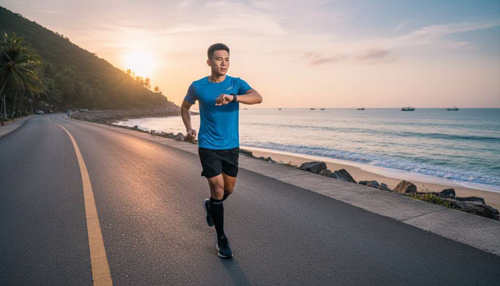 Một vận động viên nam đang chạy trên cung đường ven biển, gương mặt kiên định, tay trái đưa lên ngang tầm mắt để kiểm tra thông số trên đồng hồ GPS. Ánh nắng đổ bóng dài trên mặt đường, tạo cảm giác chuyển động mạnh mẽ và chuyên nghiệp.