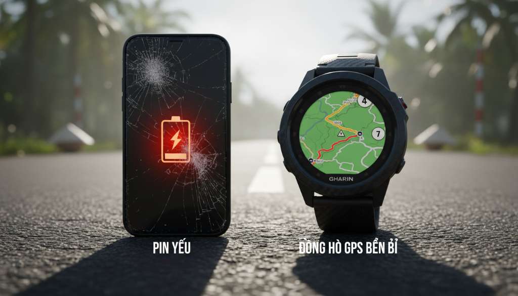 Ảnh minh họa so sánh: Một bên là màn hình điện thoại bị nứt và báo pin yếu đỏ rực, một bên là mặt đồng hồ GPS bền bỉ với vỏ polymer gia cố sợi carbon, hiển thị bản đồ tracklog sắc nét. Nền ảnh là mặt đường nhựa nóng bỏng.