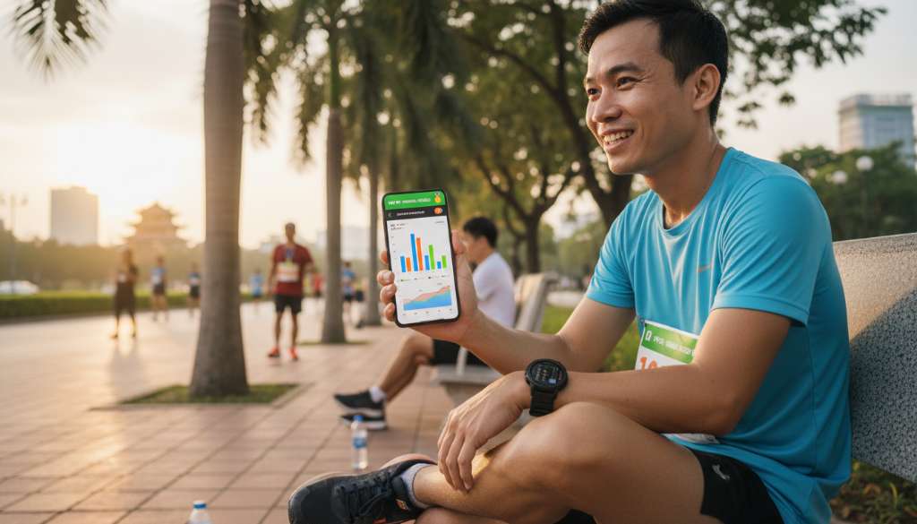 Một Runner đang ngồi nghỉ ngơi sau giải chạy, tay cầm điện thoại đang hiển thị ứng dụng phân tích dữ liệu chạy bộ với các biểu đồ cột và đường màu sắc rực rỡ, gương mặt mỉm cười mãn nguyện vì vừa phá kỷ lục cá nhân.
