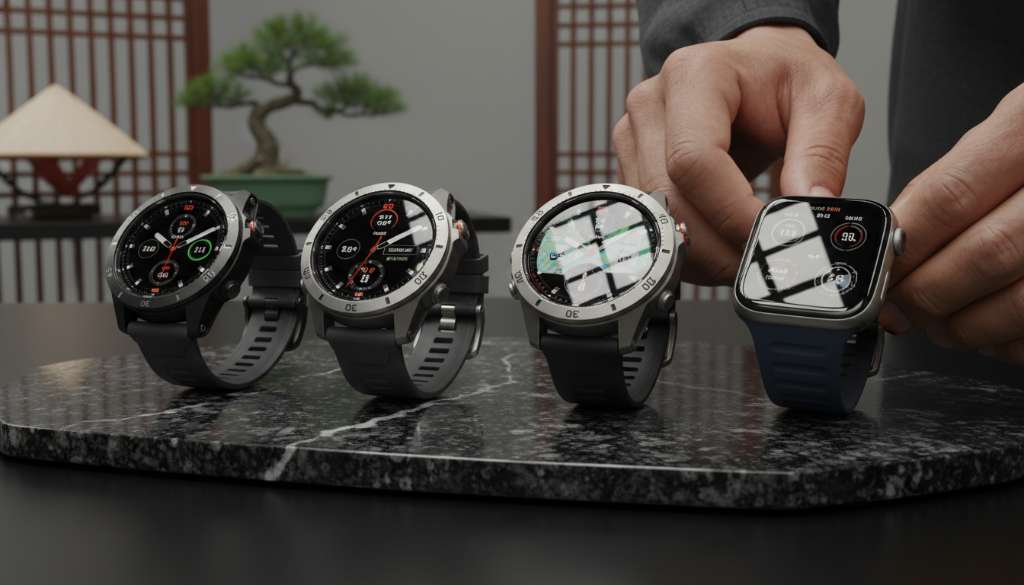 Sắp xếp nghệ thuật 4 chiếc đồng hồ Garmin, Coros, Suunto và Apple Watch Ultra trên một bề mặt đá granite đen, ánh sáng studio làm nổi bật các góc cạnh cơ khí và mặt kính sapphire bóng bẩy.