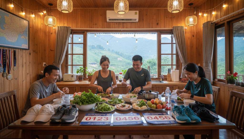 Một nhóm runner vui vẻ đang cùng nhau chuẩn bị đồ ăn tại một căn homestay ấm cúng, trên bàn có những số Bib và đồ chạy bộ được chuẩn bị sẵn cho ngày mai.