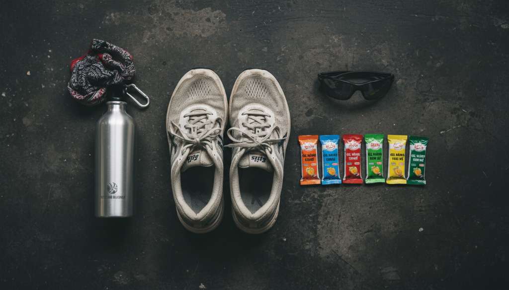 Ảnh flatlay nghệ thuật sắp xếp một đôi giày chạy bộ đã qua sử dụng nhưng còn tốt, các gói gel năng lượng xếp thành hàng lối và một bình nước kim loại bền bỉ trên nền xi măng tối màu.