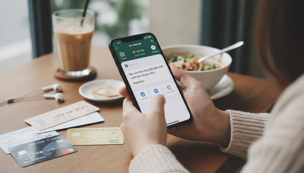 Màn hình điện thoại thông minh hiển thị một ứng dụng ngân hàng với thông báo 