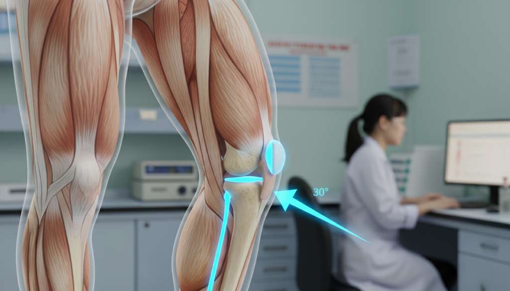 Hình ảnh minh họa 3D giải phẫu chân người, tập trung vào vùng khớp gối. Dải chậu chày được hiển thị bằng màu xanh neon nổi bật, chạy dọc đùi ngoài và bám vào xương chày. Mũi tên chỉ vào điểm nén ép tại lồi cầu ngoài xương đùi khi chân gập 30 độ.