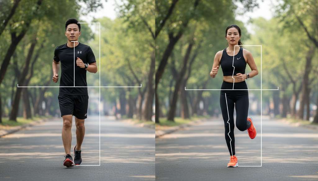 Ảnh so sánh hai khung hình chạy bộ: một bên là dáng chạy chuẩn với khung chậu cân bằng, một bên là dáng chạy bị hạ thấp hông (pelvic drop) khiến đầu gối hơi xoay vào trong. Có các đường kẻ kỹ thuật để người đọc dễ hình dung sự lệch trục.