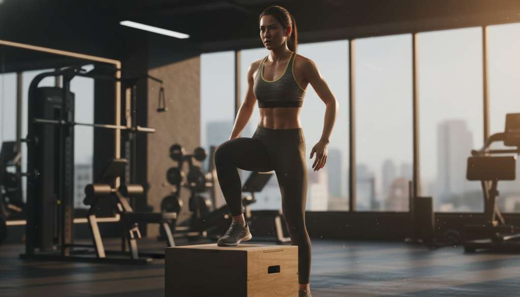 Một runner nữ đang thực hiện bài tập Hip Hitch trên một bục gỗ nhỏ trong phòng tập hiện đại. Ánh sáng tập trung vào vùng cơ mông và hông, thể hiện sự nỗ lực và tập trung cao độ.