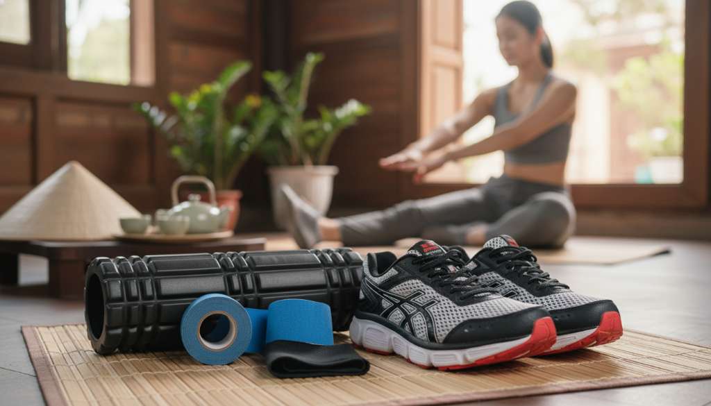 Bộ dụng cụ phục hồi chấn thương được sắp xếp tinh tế trên thảm yoga: một con lăn foam roller màu đen, một cuộn băng dán cơ màu xanh, một đai ép đầu gối và một đôi giày chạy bộ cao cấp còn mới.