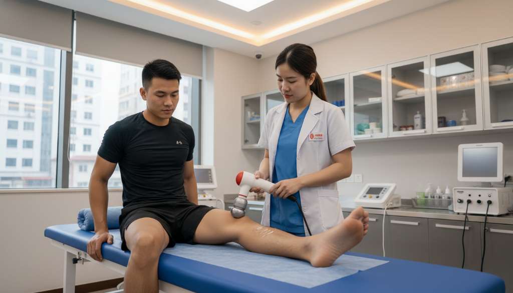 Một vận động viên đang ngồi trong phòng vật lý trị liệu hiện đại, bác sĩ đang sử dụng thiết bị sóng xung kích cầm tay tác động nhẹ nhàng vào vùng gân gót chân. Ánh sáng phòng khám chuyên nghiệp, sạch sẽ, thể hiện sự tin cậy y khoa.