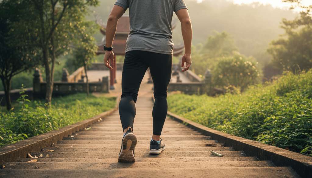 Ảnh chụp từ phía sau một runner đang thực hiện bài tập hạ gót chân trên bậc cầu thang gỗ. Cơ bắp chân (calf muscles) hiện rõ sự săn chắc, động tác thực hiện chậm rãi và chuẩn xác.