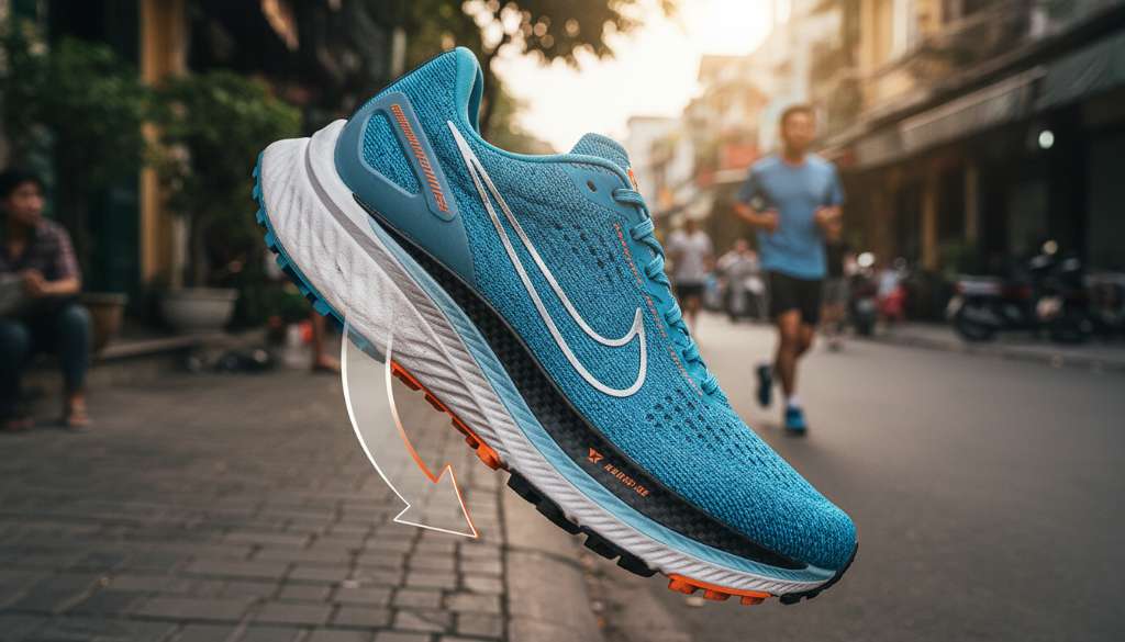 Một chiếc giày chạy bộ hiện đại được cắt lớp ngang để lộ tấm Carbon bên trong và phần đế giữa dày. Có mũi tên minh họa hướng lực tác động từ gót chân xuống mặt đường.