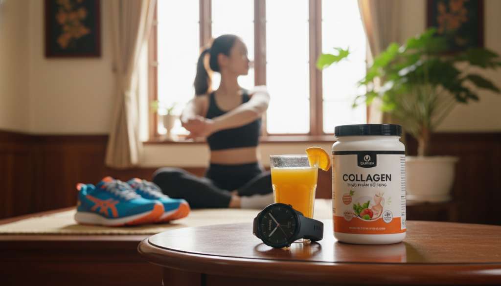 Một chiếc đồng hồ Garmin đặt cạnh một ly nước cam và hũ thực phẩm bổ sung collagen trên bàn gỗ. Phía sau là đôi giày chạy bộ sẵn sàng cho buổi tập. Phong cách sống năng động.