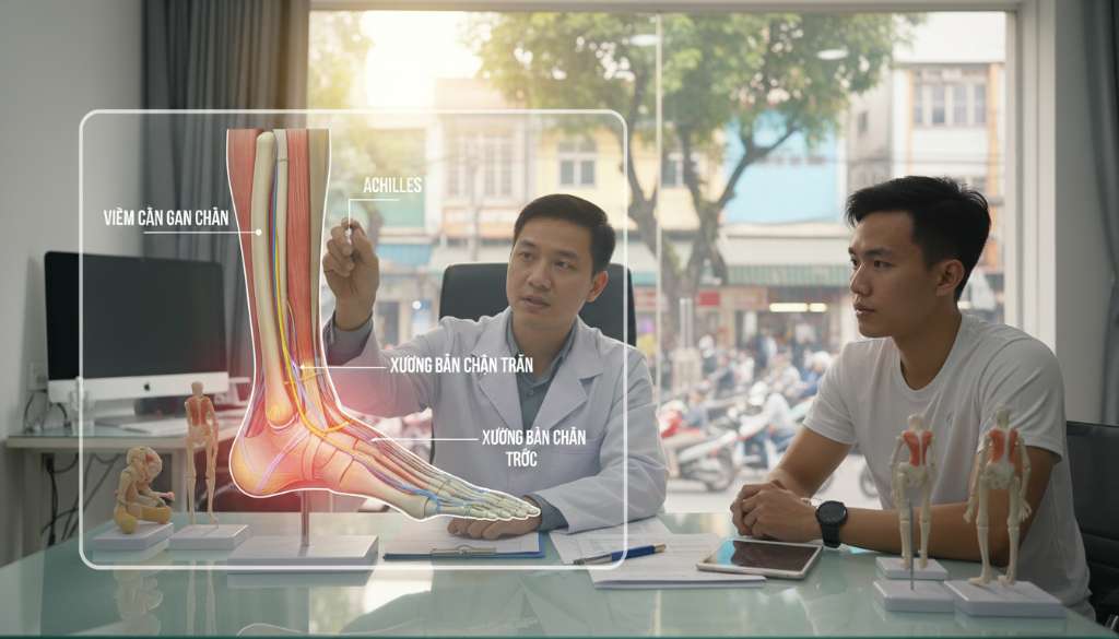 Sơ đồ đồ họa 3D chuyên nghiệp giải phẫu bàn chân runner. Các vùng đau chính được đánh dấu bằng hiệu ứng ánh sáng đỏ lan tỏa: vùng gót chân (Viêm cân gan chân), vùng gân phía sau (Achilles), và vùng xương bàn chân phía trước. Phong cách sạch sẽ, hiện đại, dễ hiểu.