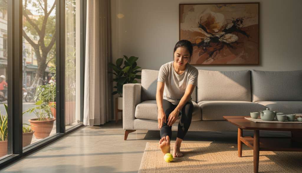 Một runner đang thực hiện bài tập phục hồi tại phòng khách hiện đại. Một chân đang lăn nhẹ nhàng trên quả bóng tennis màu vàng, chân kia giữ thăng bằng. Ánh nắng tự nhiên chiếu qua cửa sổ, tạo cảm giác thư giãn và tích cực.