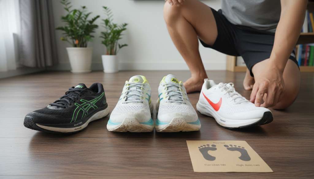 Ảnh chụp từ trên xuống ba đôi giày chạy bộ khác nhau đặt trên nền gỗ: một đôi Max Cushion đế dày, một đôi Stability hỗ trợ vòm, và một đôi Racing Carbon mỏng nhẹ. Bên cạnh là một biểu đồ nhỏ minh họa kiểu vòm chân Flat feet và High Arch.