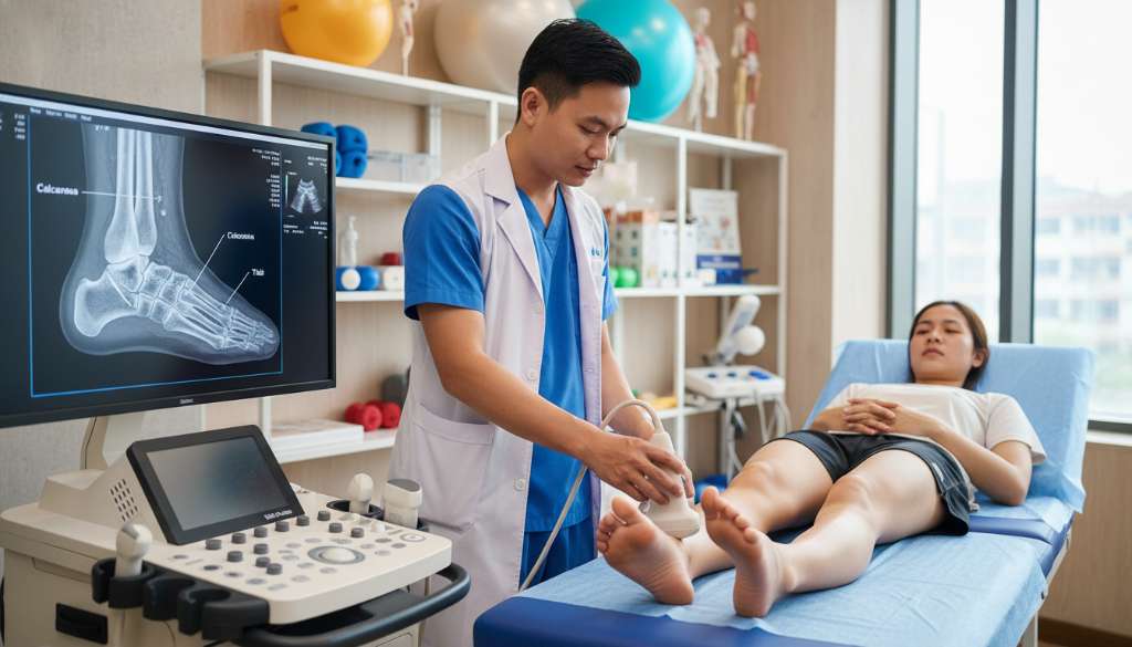 Một bác sĩ thể thao đang sử dụng máy siêu âm cầm tay để kiểm tra vùng gân Achilles cho một vận động viên. Trên màn hình máy tính bên cạnh hiển thị hình ảnh MRI rõ nét của các cấu trúc xương bàn chân. Không gian phòng khám hiện đại, chuyên nghiệp.