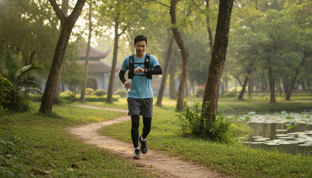 Một runner đang chạy bộ nhẹ nhàng trên con đường mòn (trail) xuyên qua công viên xanh mát. Bề mặt đường là đất mềm và cỏ, khác biệt hoàn toàn với đường bê tông cứng nhắc. Runner trông thư thái và đang kiểm tra đồng hồ thể thao trên tay.