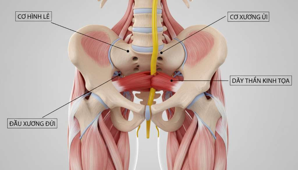 Hình ảnh minh họa 3D giải phẫu vùng xương chậu và mông. Cơ hình lê được tô màu đỏ nổi bật nối từ xương cùng đến đầu xương đùi, dây thần kinh tọa màu vàng tươi chạy xuyên qua dưới bó cơ và bị chèn ép. Ánh sáng studio chuyên nghiệp, chú thích rõ ràng bằng tiếng Việt.