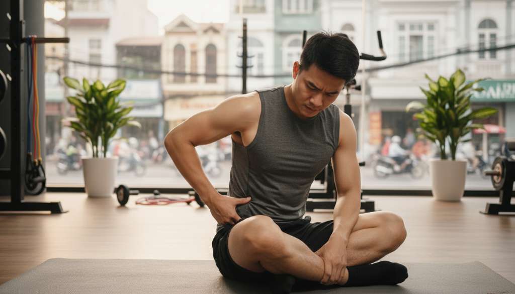 Ảnh một runner đang ngồi trên thảm tập, tay ấn vào vùng mông để kiểm tra điểm đau, khuôn mặt tập trung. Bối cảnh phòng tập hiện đại với ánh sáng tự nhiên từ cửa sổ lớn.