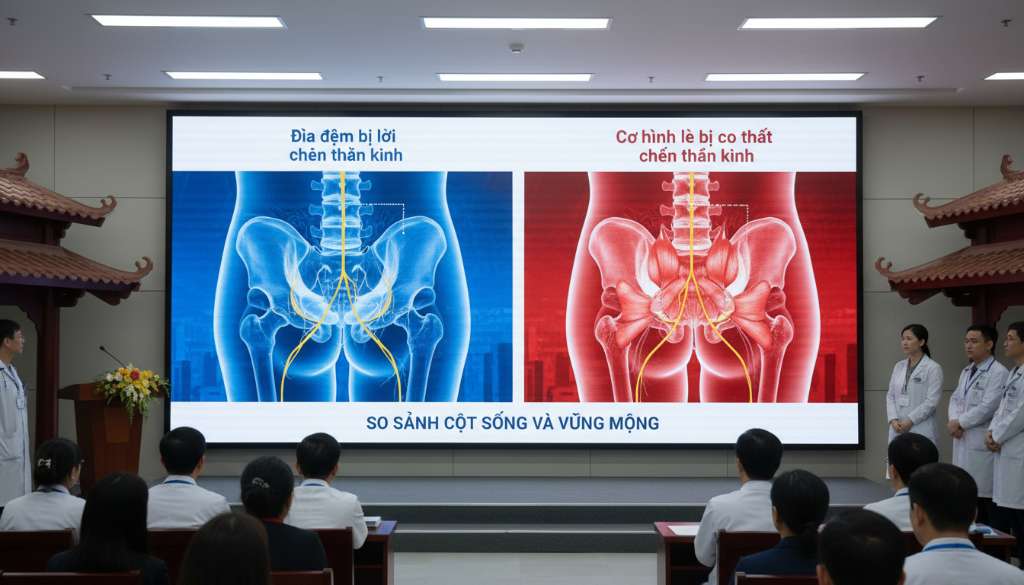 Đồ họa Infographic so sánh hai cột sống và vùng mông. Một bên hiển thị đĩa đệm bị lồi ra chèn thần kinh, một bên hiển thị cơ hình lê bị co thắt chèn thần kinh. Màu sắc tương phản xanh và đỏ để dễ phân biệt.