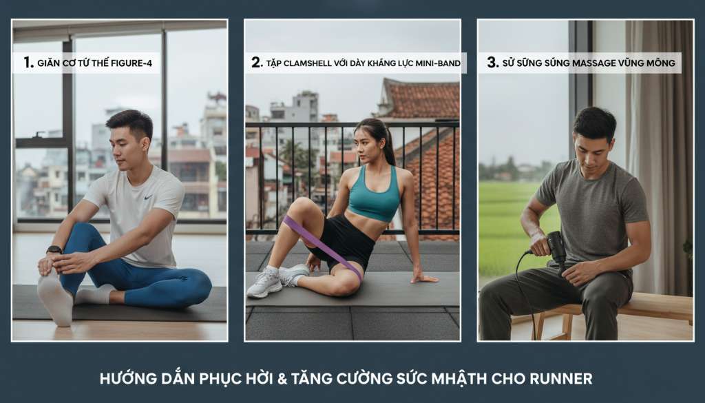 Ảnh ghép ba khung hình hướng dẫn Runner thực hiện: 1. Giãn cơ tư thế Figure-4, 2. Tập Clamshell với dây kháng lực mini-band, 3. Sử dụng súng massage vùng mông. Phong cách minh họa sạch sẽ, chuyên nghiệp.