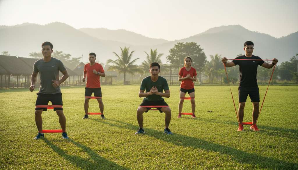 Ảnh minh họa một buổi tập bổ trợ nhóm của các runner, họ đang thực hiện các bài tập với dây kháng lực trên thảm cỏ xanh mướt dưới ánh nắng ban mai. Không khí năng động và tràn đầy cảm hứng.