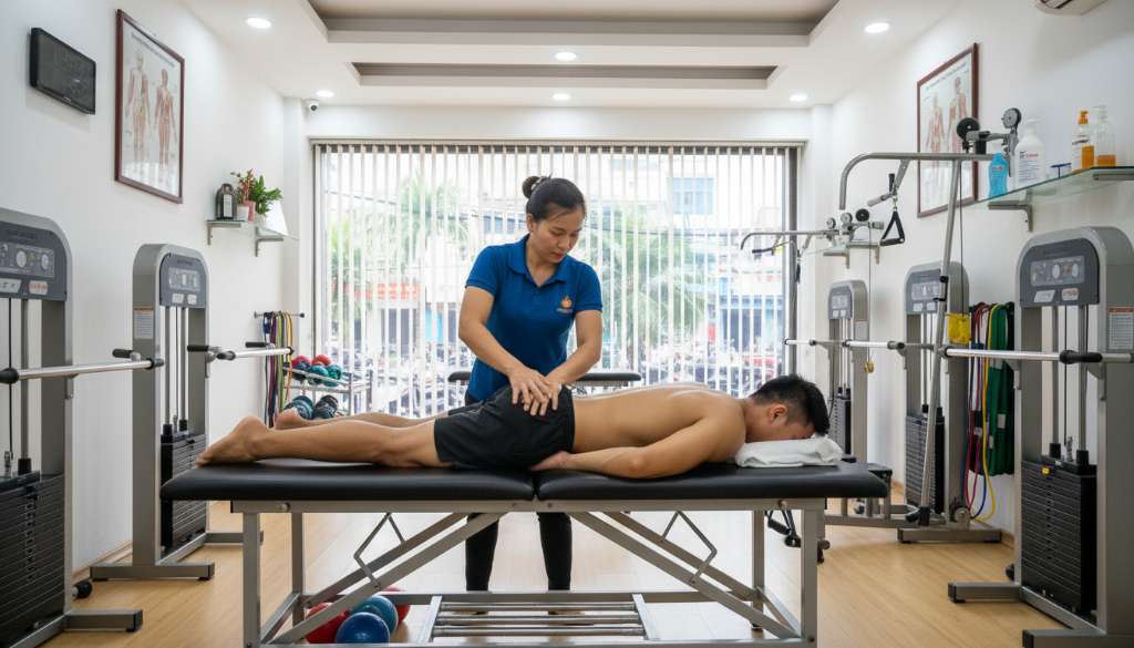 Ảnh một chuyên gia vật lý trị liệu đang dùng kỹ thuật tay để giải phóng cơ mông cho một vận động viên trên bàn trị liệu chuyên dụng. Bối cảnh phòng khám y học thể thao sạch sẽ, hiện đại, đầy đủ thiết bị.