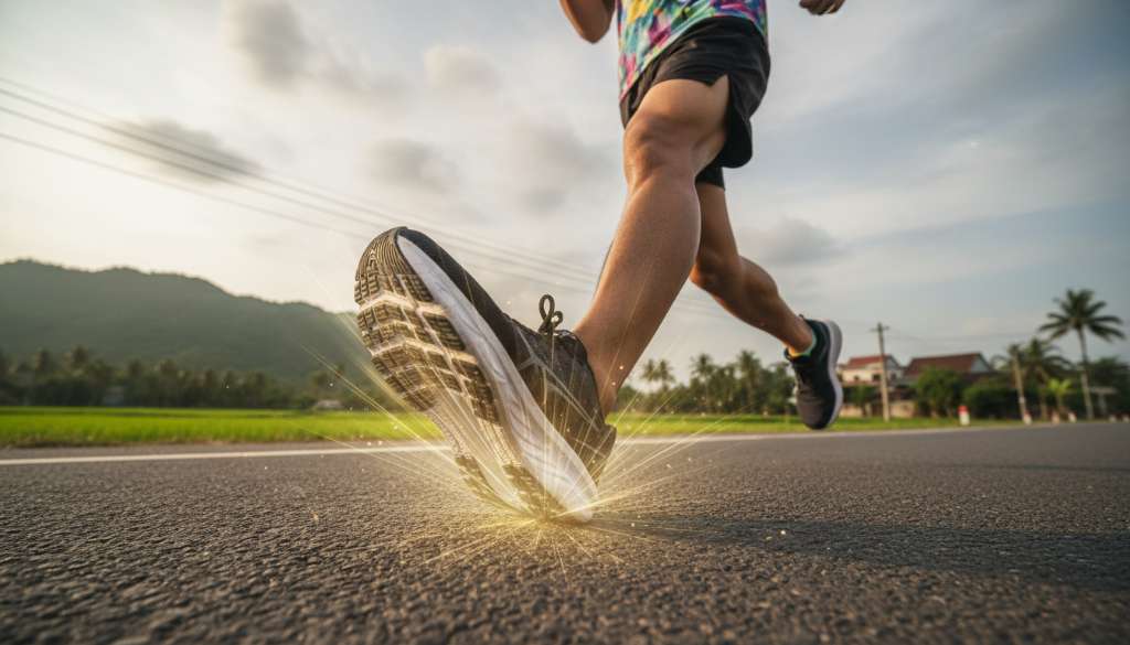 Ảnh một runner đang chạy trên đường nhựa, tập trung vào phần đế giày đang nén lại khi tiếp đất, có các tia sáng tỏa ra mô phỏng lực phản hồi, phong cách cinematic.