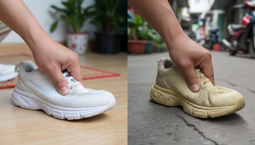 Ảnh so sánh thực tế: Một bàn tay đang ấn vào lớp đệm giày mới (đàn hồi tốt) và một bàn tay ấn vào lớp đệm giày cũ (bị nén cứng, nhiều nếp nhăn).
